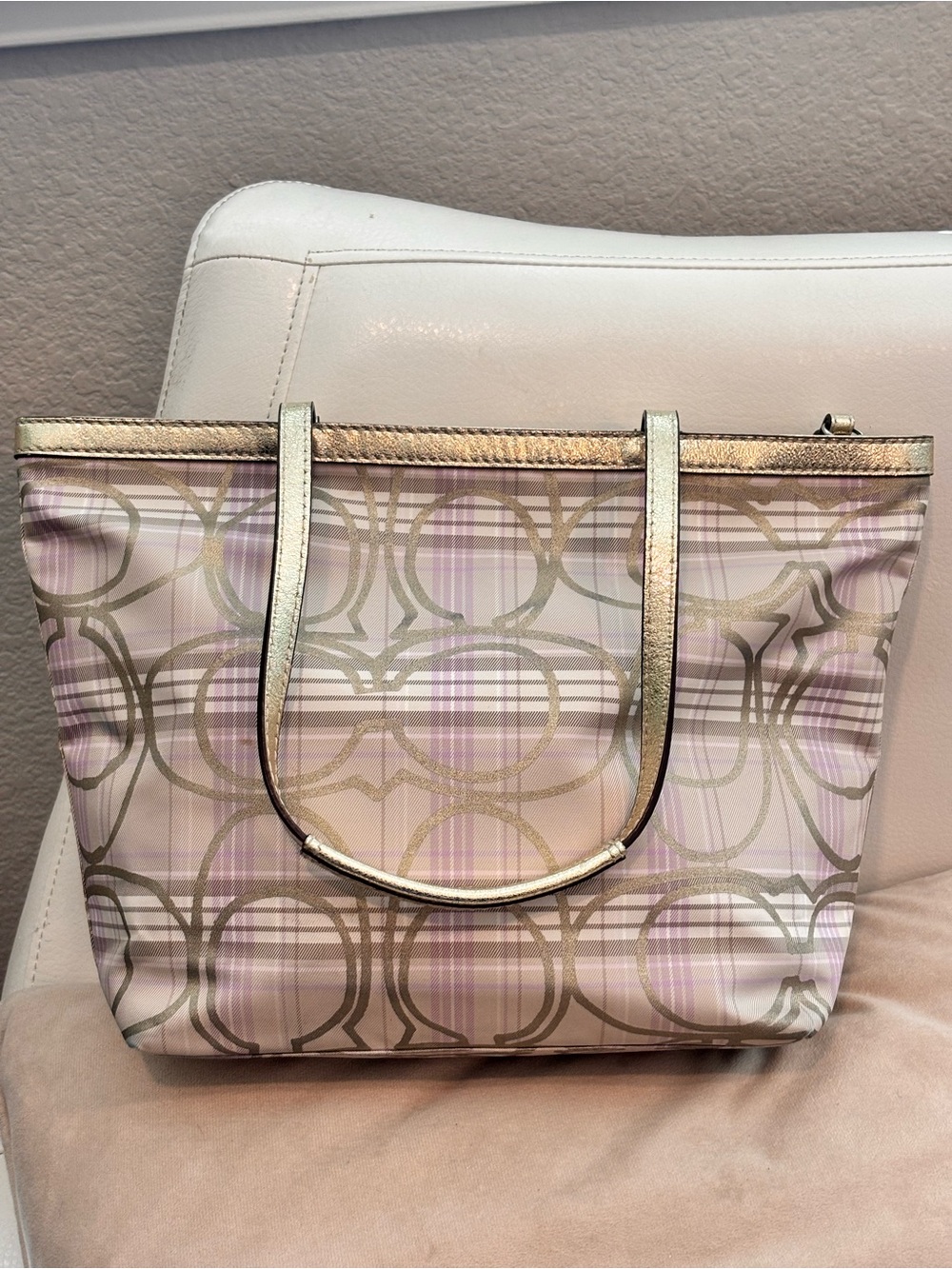 COACH Signature Stripe Plaid Tartan Tote - Picture 8 of 13